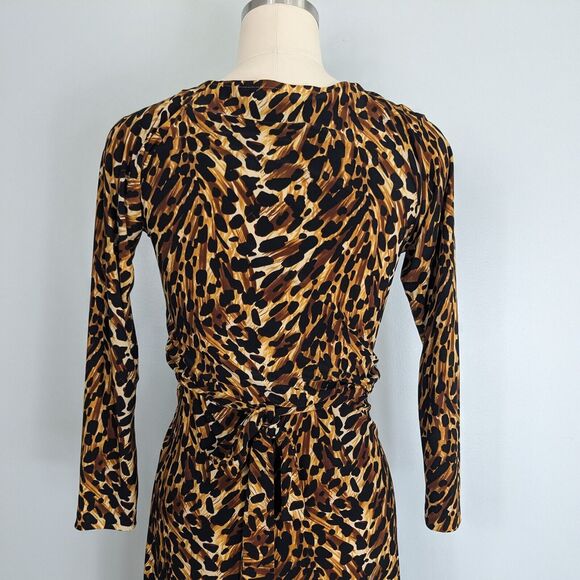 Normal Kamali Wrap Dress M Brown Short Leopard Animal Print Work Career Sleeve - Picture 5 of 12